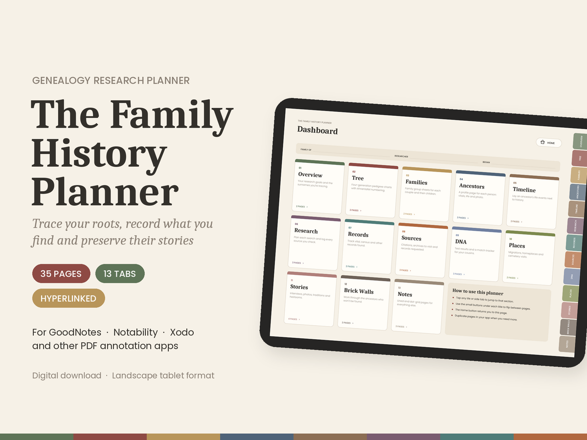 Digital Genealogy Planner | Hyperlinked Family History Planner | Horsecreek Digital