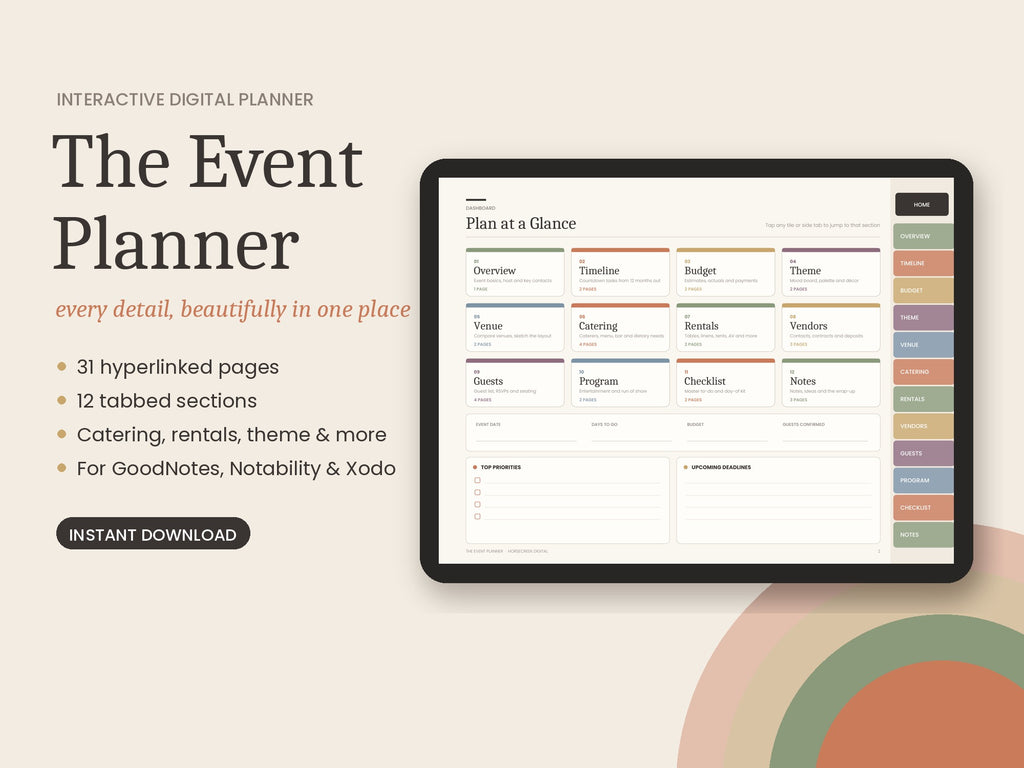 Digital Event Planner, Hyperlinked Party Planner for GoodNotes & iPad, Catering, Rentals, Budget, Guest List & Seating Chart PDF
