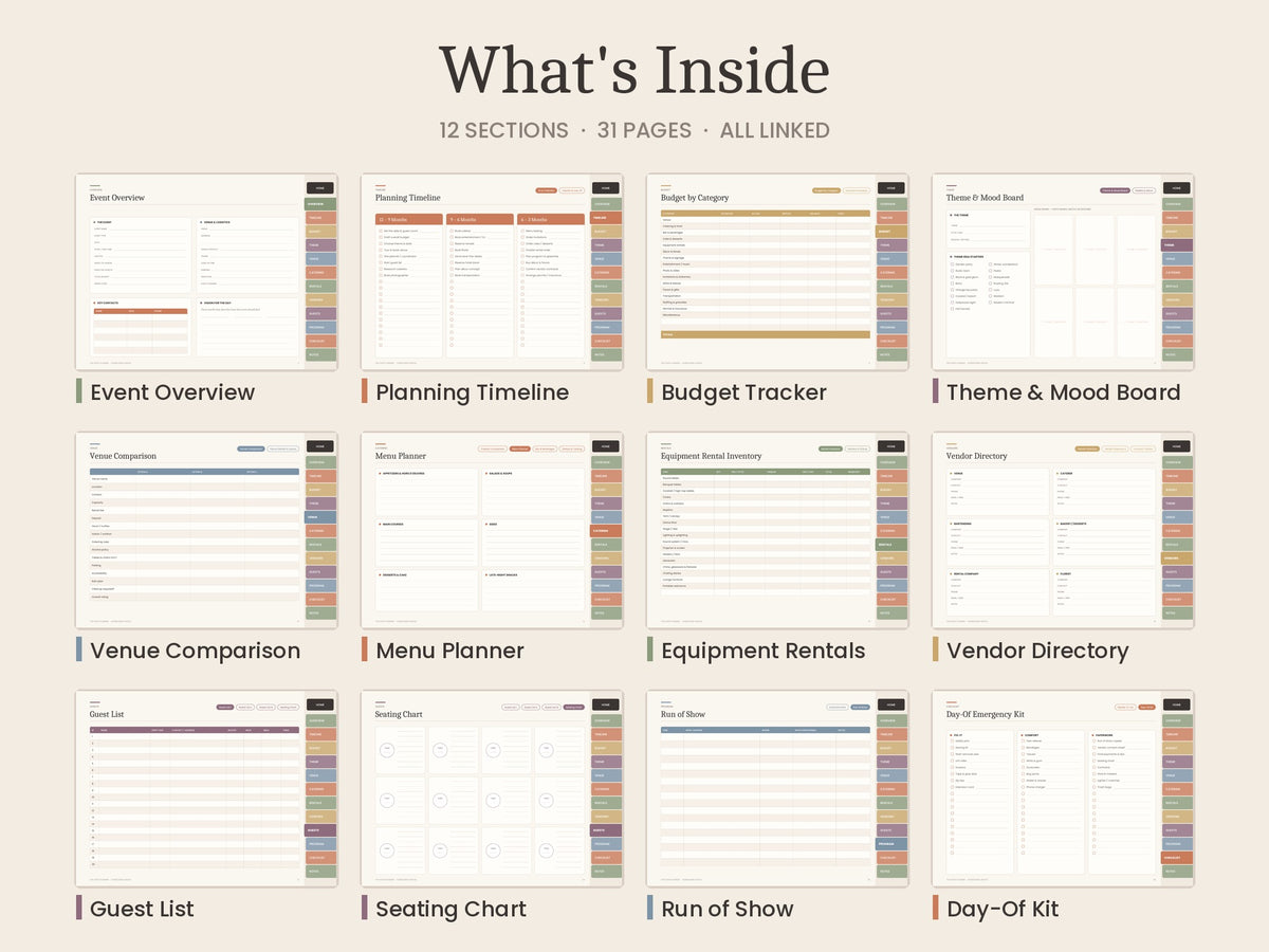 Digital Event Planner, Hyperlinked Party Planner for GoodNotes & iPad, Catering, Rentals, Budget, Guest List & Seating Chart PDF