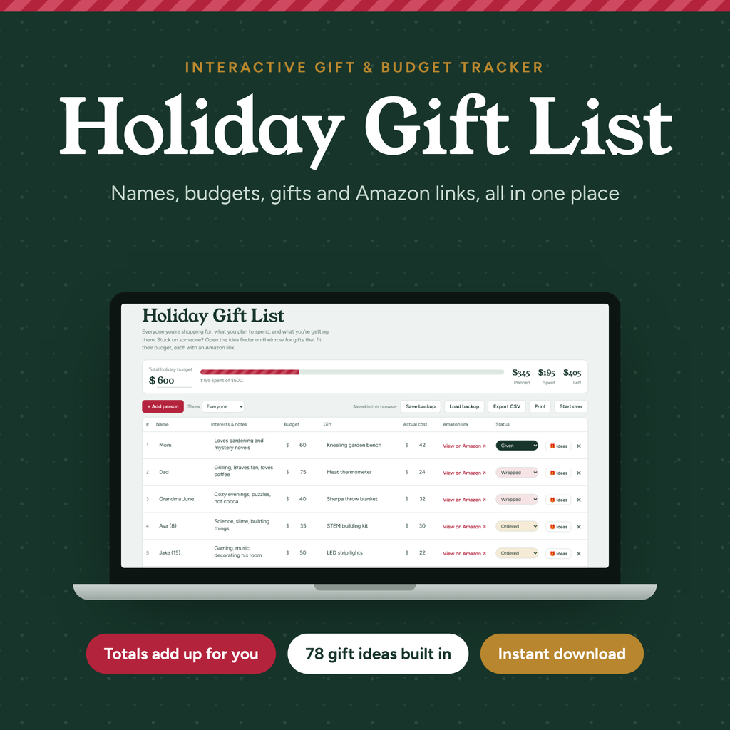 Interactive Christmas Gift List | Holiday Gift Budget Tracker with Gift Ideas | Digital Shopping Planner + Printable