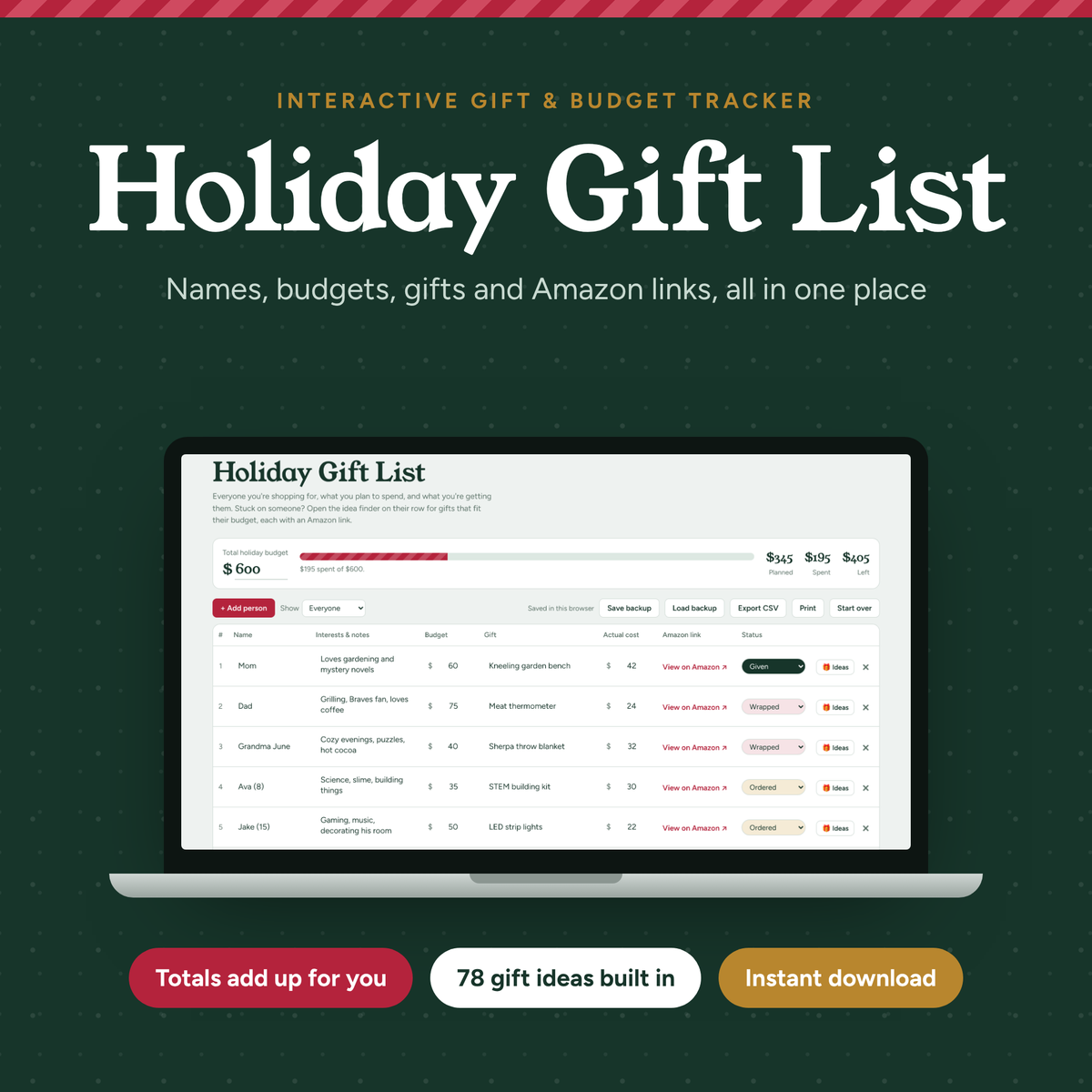 Interactive Christmas Gift List | Holiday Gift Budget Tracker with Gift Ideas | Digital Shopping Planner + Printable
