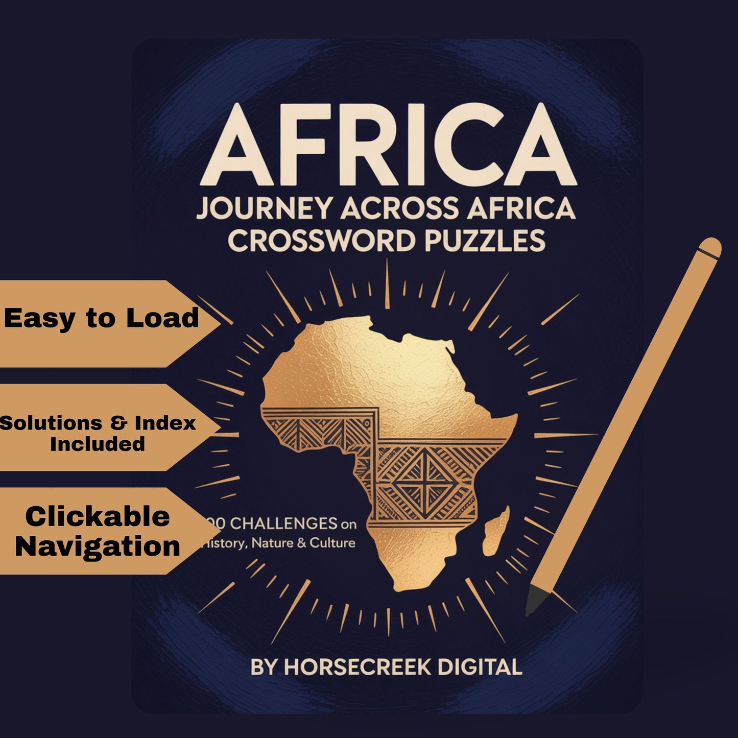 Cover of 'Journey Across Africa' crossword puzzles with a map of Africa and a pencil on a dark blue background.