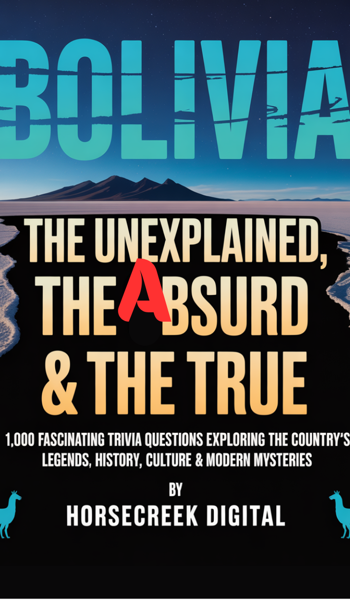 Book cover of 'Bolivia: The Unexplained, The Absurd & The True' by Horsecreek Digital with a mountain and river illustration.